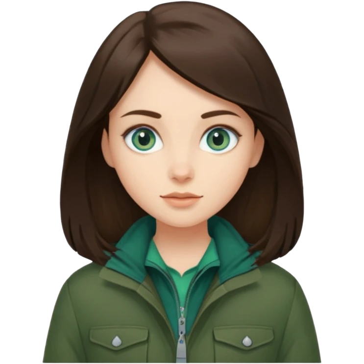 brunette with blue eyes skiing in a forest green jacket emoji