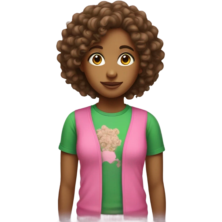 Brown girl with curly hair wearing pink and green t-shirt emoji