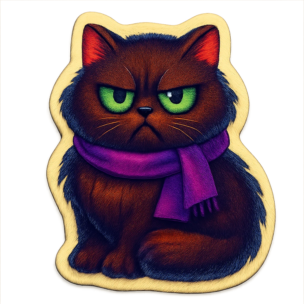Fluffy grumpy cute dark-brown cat with green eyes and a purple scarf emoji