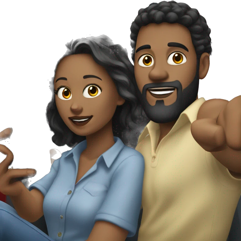 A young man with why colour, black hair with a black beard sitting next to a white woman with brown hair in the car taking the selfie emoji