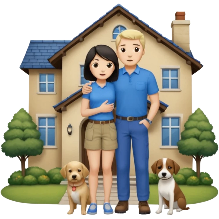 Девушка с тёмными короткими волосами стоит на фоне большого дома рядом с ней стоит мужчина со светлыми волосами обнимаются и рядом собака emoji