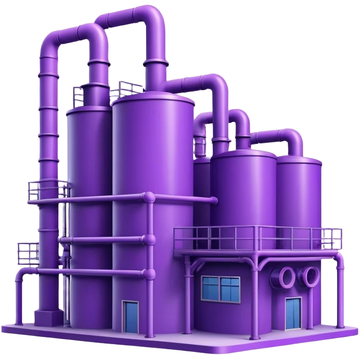 Minimalistic factory building in purple and violet tones, with pipes, emoji