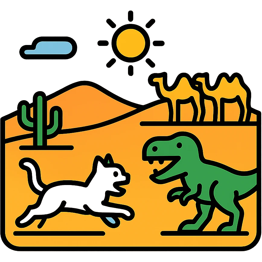 A white cat chasing a T-Rex in the desert with a herd of camels staring at them emoji