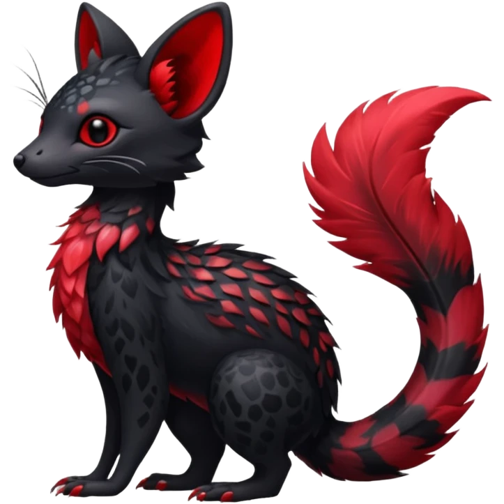 Feral Rare Fantasy shiny soft fuzzy furry vibrant tropical obsidian-black and crimson-red Vernid-Trico-species-creature by LiLaiRa, random markings, tufted tail, tufted ears, full body emoji