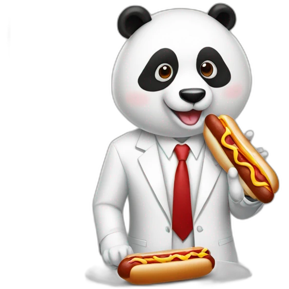 A professor with white suit and red tie and a panda eating hotdogs emoji