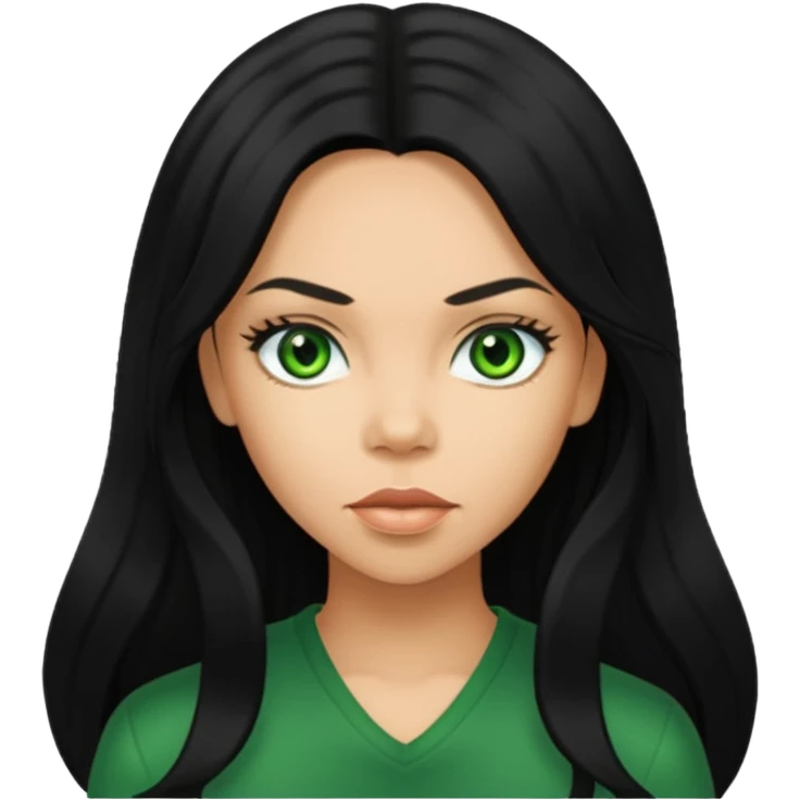 Kiely Williams with long black hair, green eyes emoji