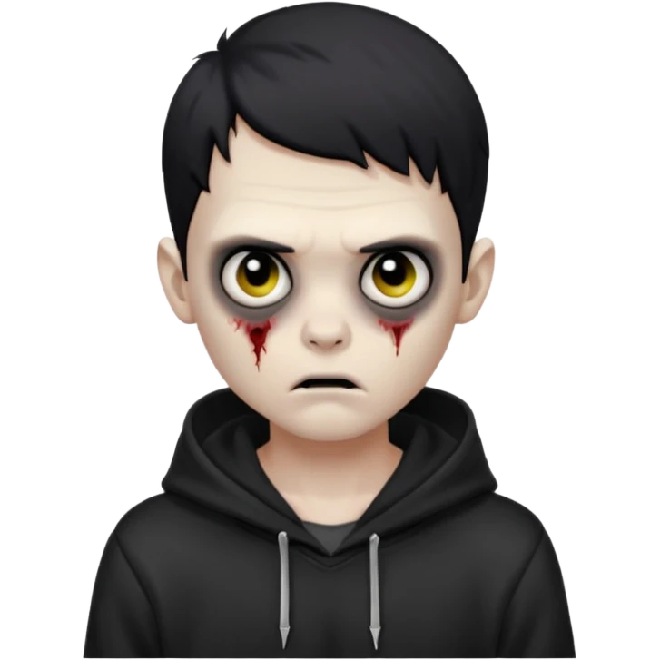 Zombie boy with the short black hair, pale-white skin, black eyes, little fangs and dark circles under his eyes. He has serious face and he wear a black hoodie emoji