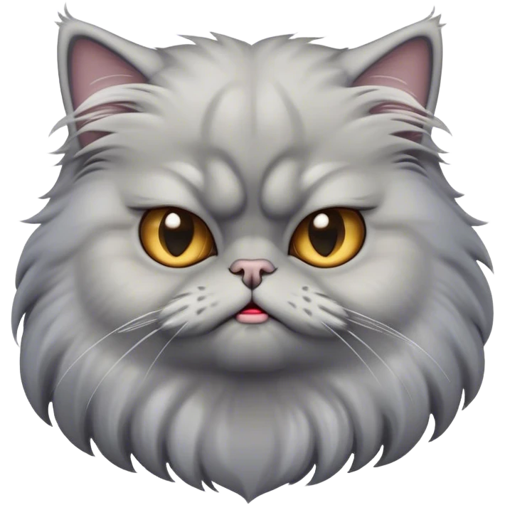 Cinematic Derpy grumpy comical Grey Persian Cat Portrait Emoji, Head tilted playfully with an adorably awkward expression, fluffy grey fur with soft silver undertones, Simplified yet hilariously derpy features, highly detailed, glowing with a warm but slightly confused glow, high shine, a mix of lazy and clueless, stylized with a touch of whimsy, bright but with a completely derpy and grumpy face, soft glowing outline, capturing the essence of a quirky yet chubby, grumpy kitty, so endearing it feels like it could stretch out of the screen and demand attention with its wonderfully derpy charm! emoji