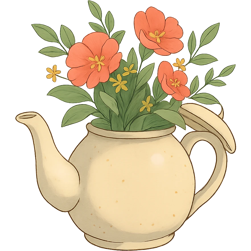 ghibli style teapot with flowers and leaves emoji
