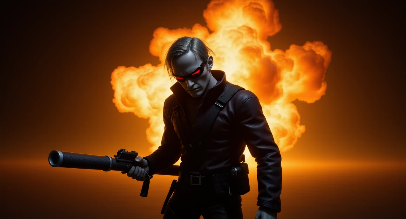 Cinematic still from "squid game" character movie, explosion in background emoji