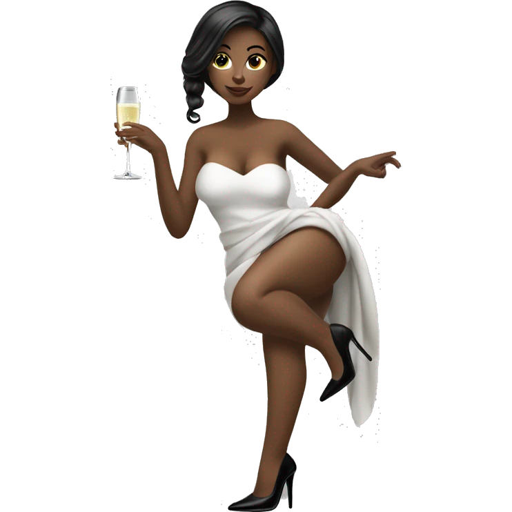 Girl with white towel wrapped around hair holding a champagne glass and bottle in black high heels  emoji