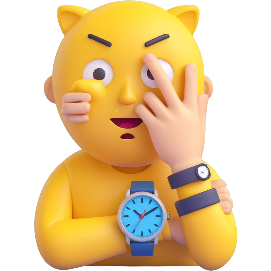 A yellow emoji face with a worried expression, looking at a wristwatch with raised eyebrows, showing urgency and stress emoji