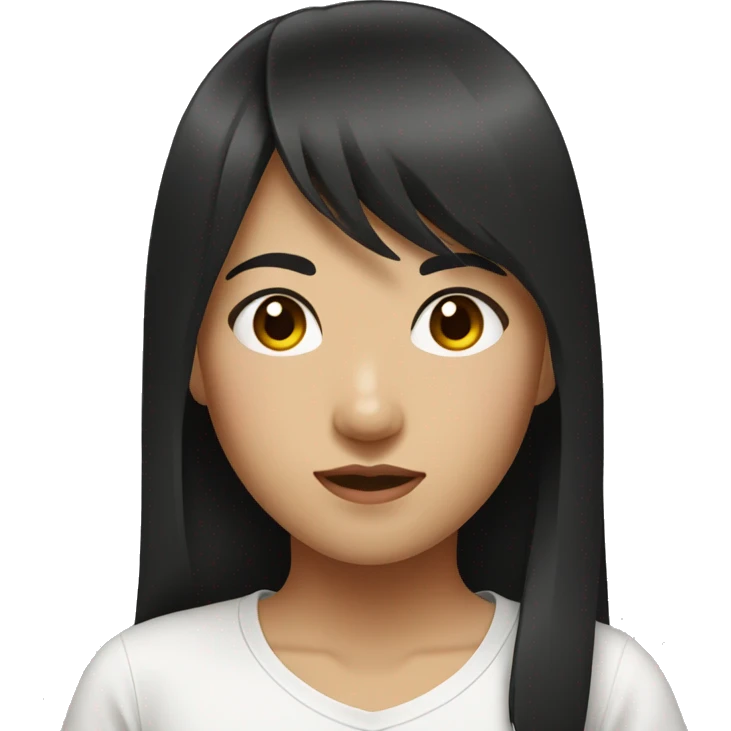 Asian girl in a white t-shirt with dark long hair deep brown eyes bangs emoji