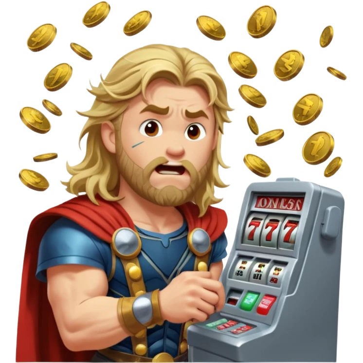 disheveled Thor losing money at a slot machine, panicked face, coins flying emoji