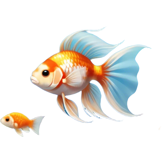 Large aquarium fish like veil tails and lionhead goldfish swimming gracefully in a beautifully decorated aquarium. Colorful aquatic plants, smooth rocks, and gentle bubbles surround the fish. The water shimmers in sunlight, creating a peaceful and vibrant underwater scene. Transparent background. emoji