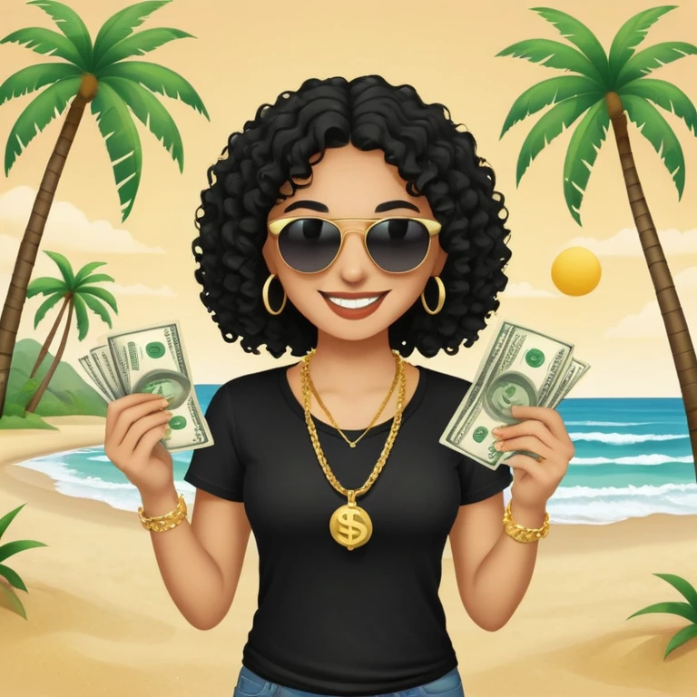 Mixed-race person with curly hair smiling, wearing black t-shirt, necklace and sunglasses, holding dollar bills in both hands, at beach with palm trees emoji