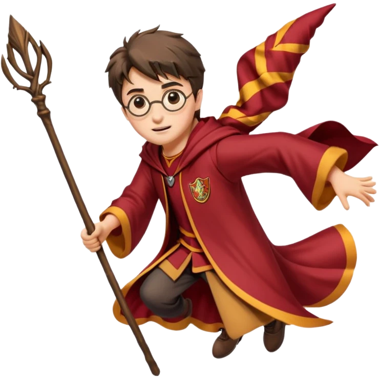 Cartoon-style illustration of Harry Potter flying on a broomstick, Gryffindor red and gold outfit, expressive face, dynamic motion, magical vibe, smooth shading, vibrant colors, no background, transparent background, isolated character. emoji