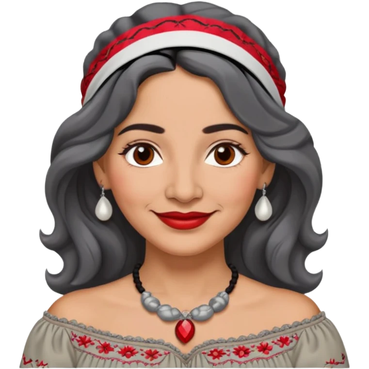 Latina woman, 50 years old, warm light brown skin, round face, wavy black and gray hair, red and white headband, medium eyes, thin eyebrows, kind smile, gray peasant blouse, embroidery, bare shoulders, large dark necklace emoji
