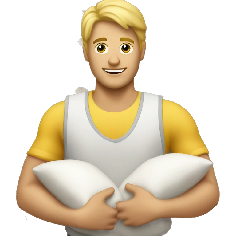 blonde man storekeeper holding pillows emoji