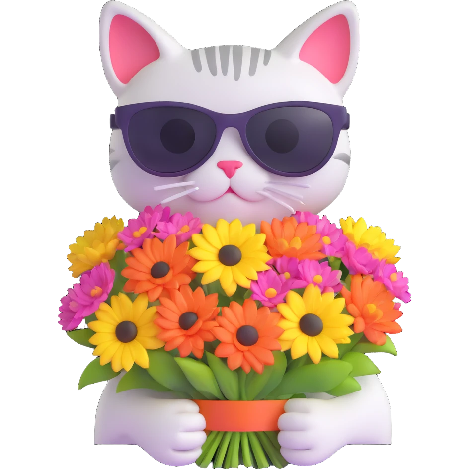cat wearing sunglasses holding a bouquet of flowers emoji