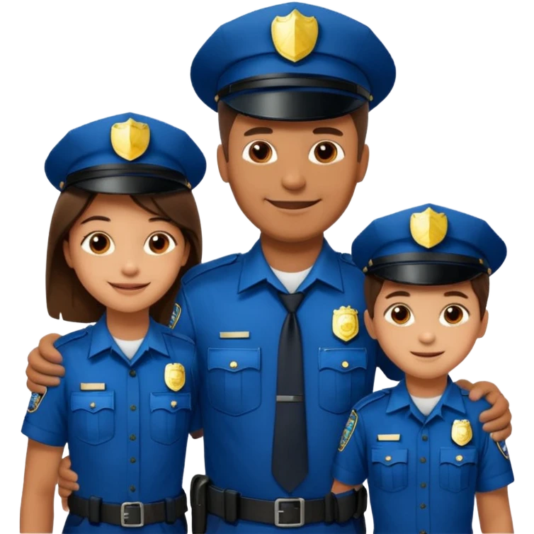 A proud dad who is proud of his children and is a police officer one of the kids is a 11 year old girl and a 9 year old boy and the girl is taller than the boy and the boy is short emoji