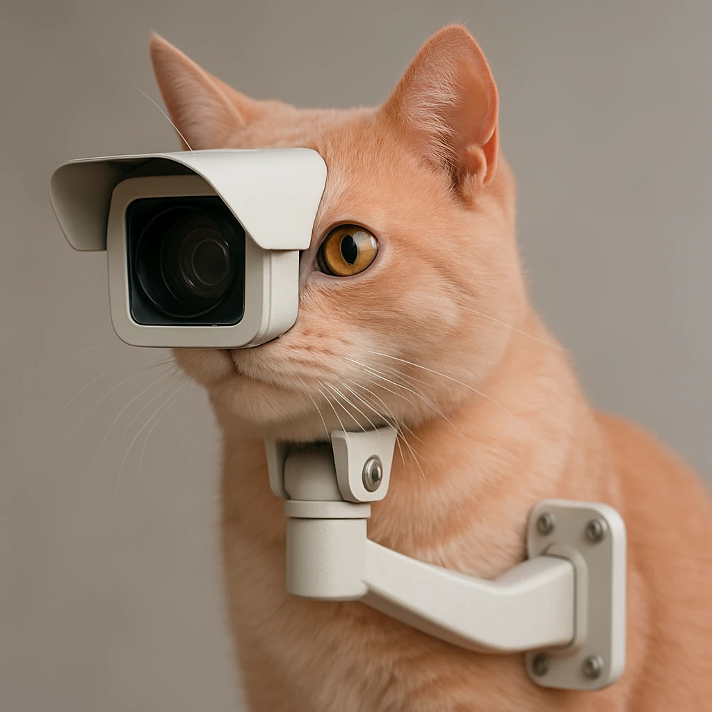 a pink cat merged with a CCTV camera, realistic and modern, lifelike emoji