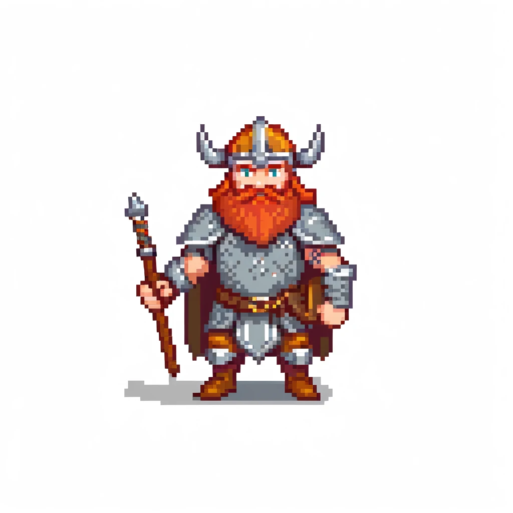 pixel art ginger viking with red beard and armor, running animation frame 3, legs crossing emoji