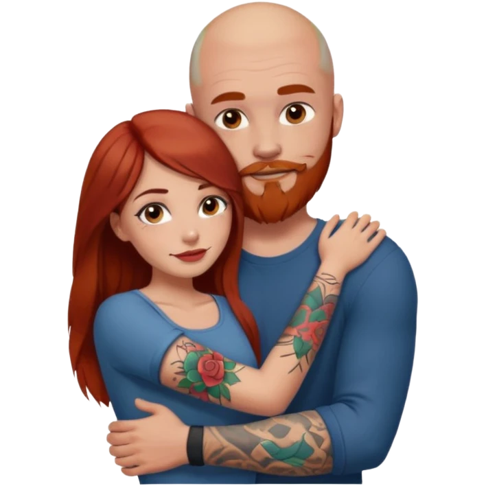 The girl has no tattoo, long brown haired, brown eyed pretty girl, hugging a strong guy that is bald with a red beard and a sleeve of tattoos in jail emoji