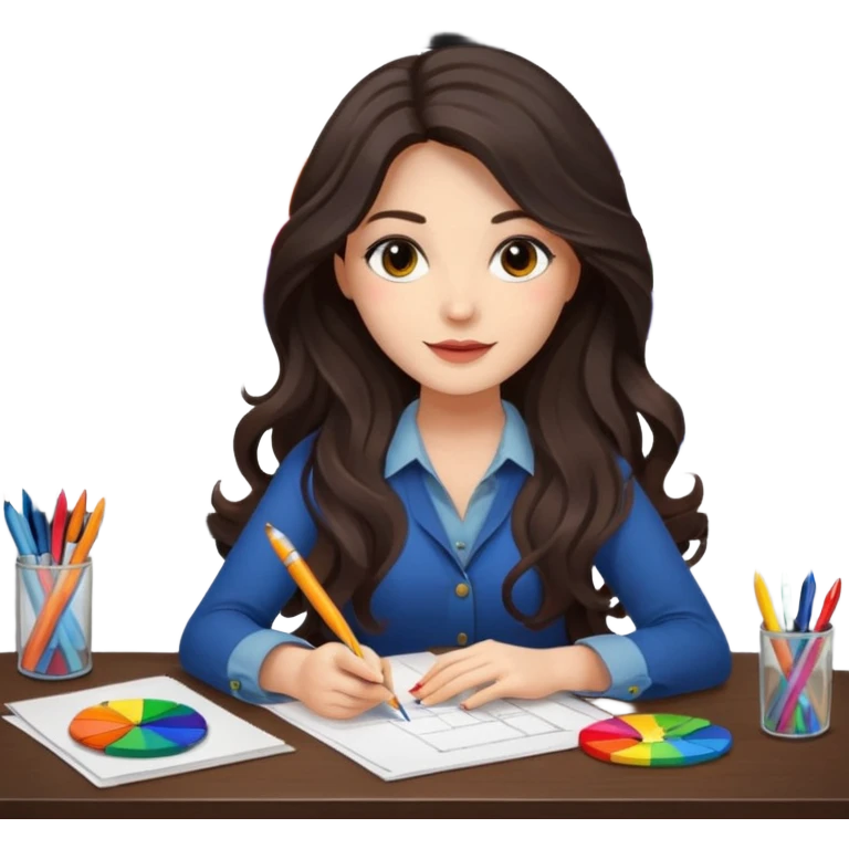 female dark wavy long hair graphic designer , color wheel, pens, papers , desktop emoji