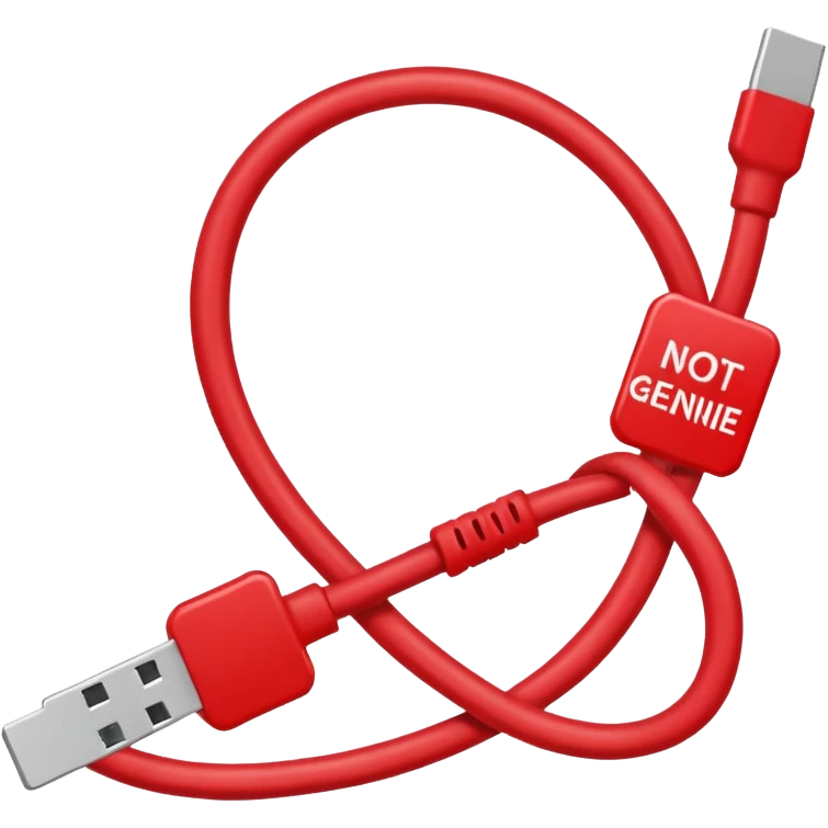 a red slash over a cable with with the text "NOT GENUINE" emoji
