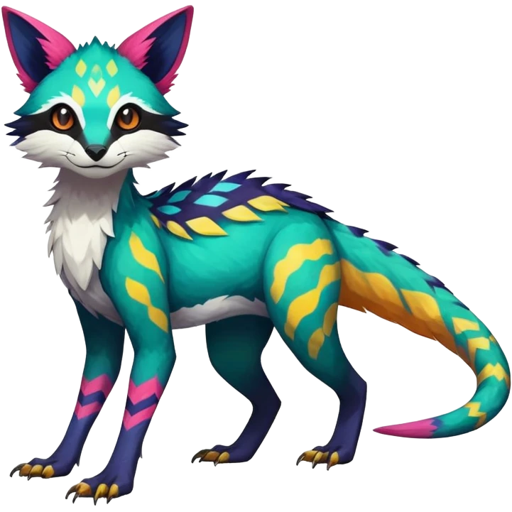 Rare realistic exotic edgy epic pretty beautiful handsome gorgeous aesthetic colorful vibrant Vernid-Trico-species-Fakemon-creature by LiLaiRa, 4 legs, 1 tail, random markings, (full body) emoji