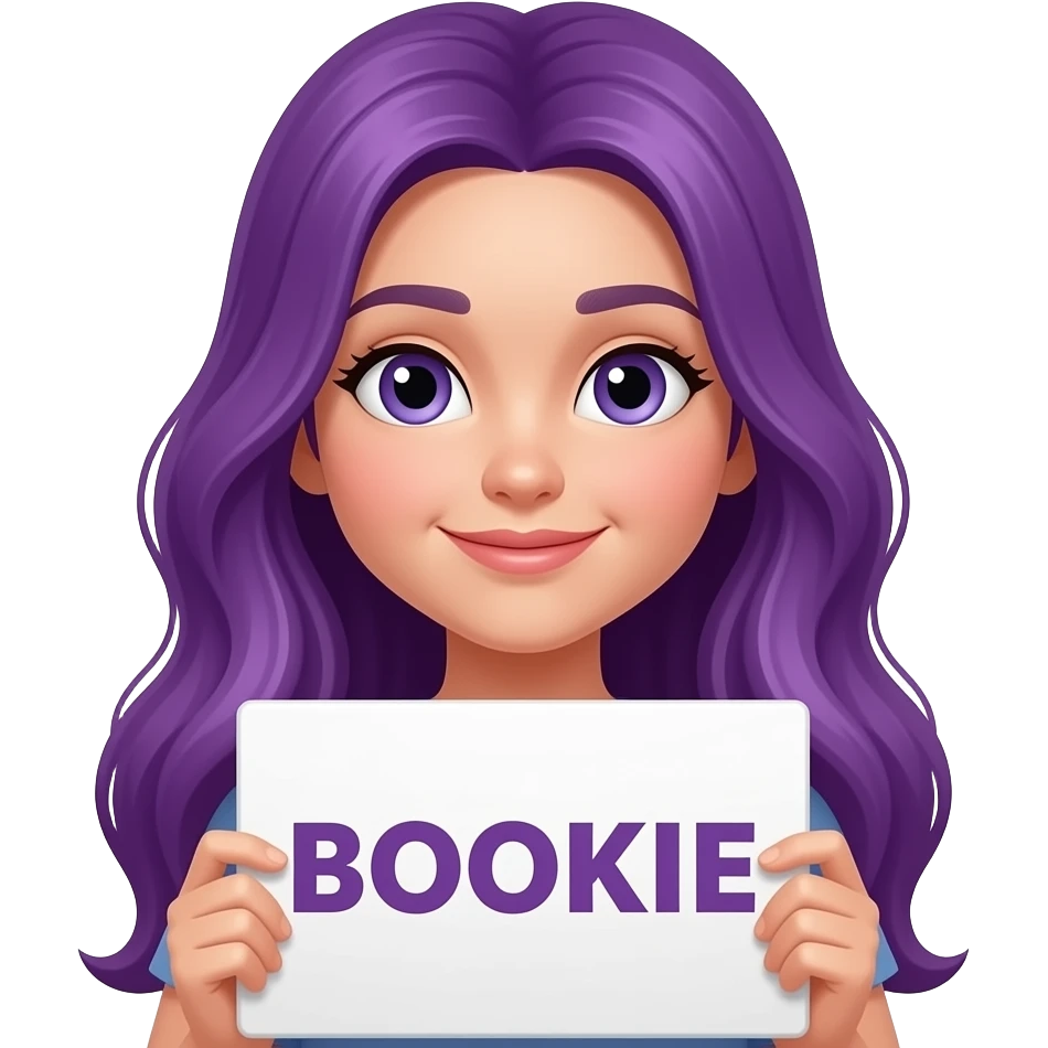girl with long purple hair with a BOOKIE sign emoji