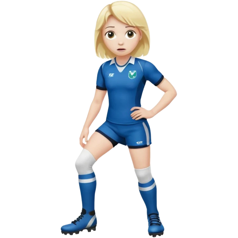 chica rubia con cara de miedo vestida con equipación de rugby con unas botas de presoterapia emoji