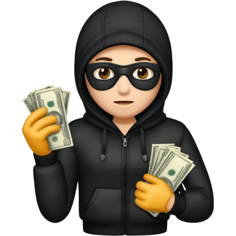 Robber with money na mão direita com uma blusa de frio preta e moreno emoji