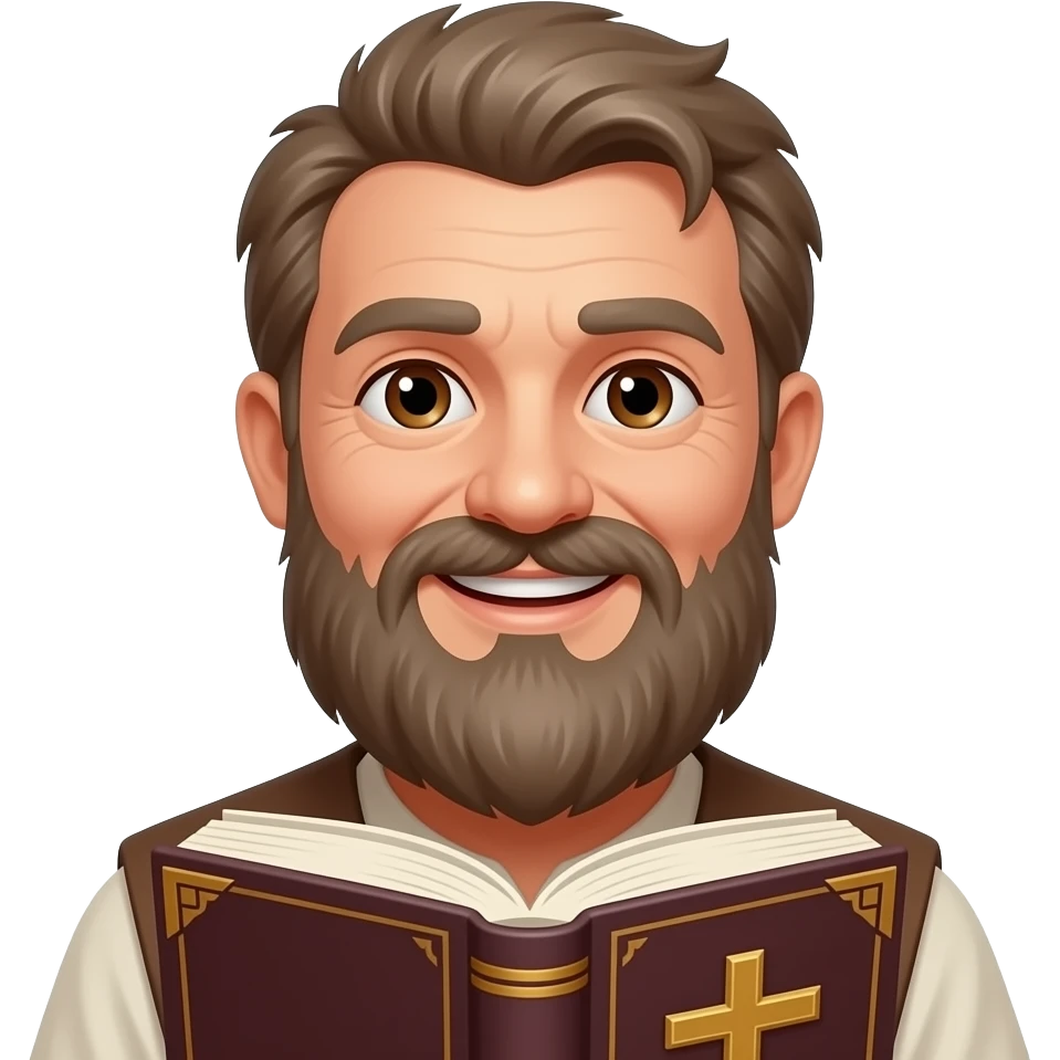 wise old man with greying brown hair beard brown eyes smile with book that has a cross on it emoji