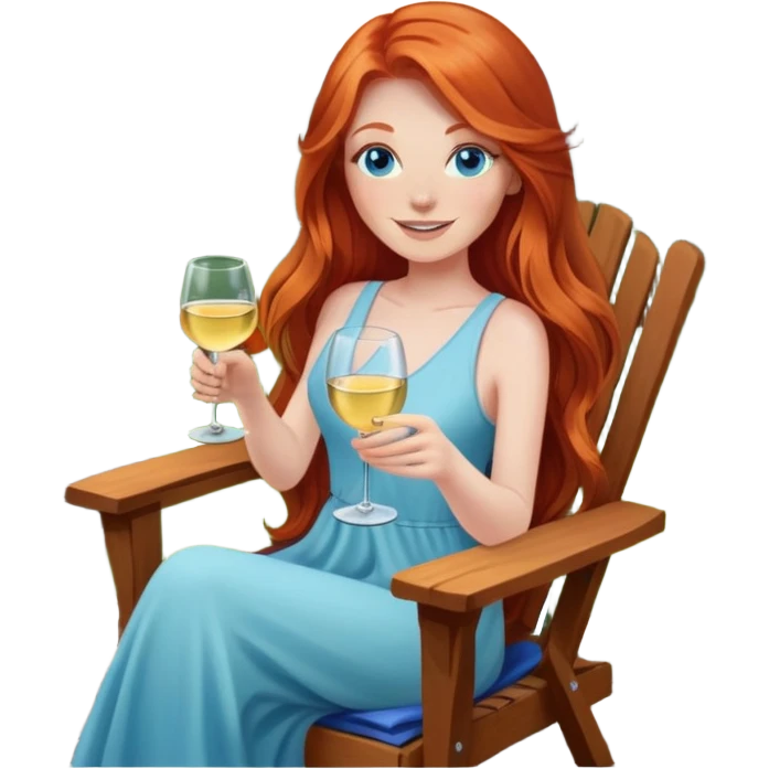 Happy redhead with long hair and blue eyes holding white wine sitting in chair beside fire pit in backyard emoji