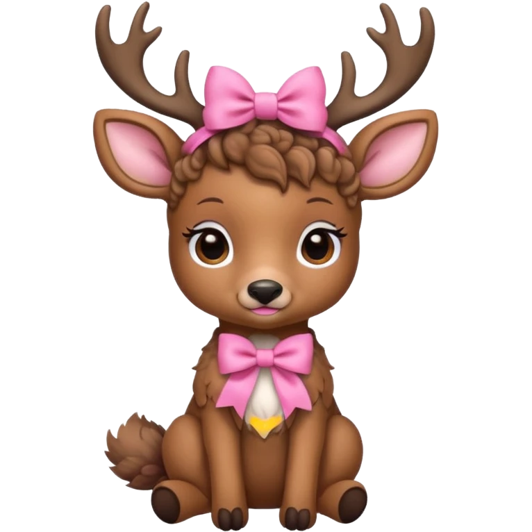 cute deer with curly fur, sitting down, wearing a bow on its head. emoji