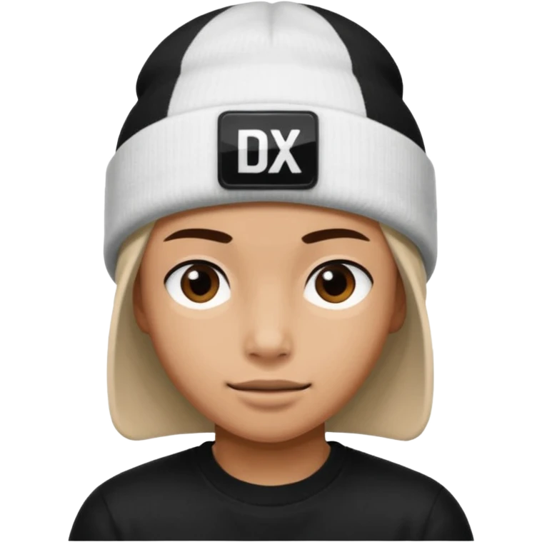 wearing a white beanie with an black square logo with the word "DX" written on it.

 emoji