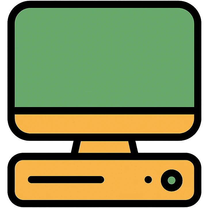 thumbnail of a computer, green and orange colors, black background, modern icon style emoji