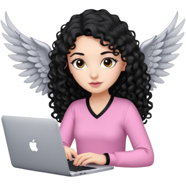 a girl typing mac book with long black curly hair and brown eyes with winged black eyeliner, pink shirt emoji