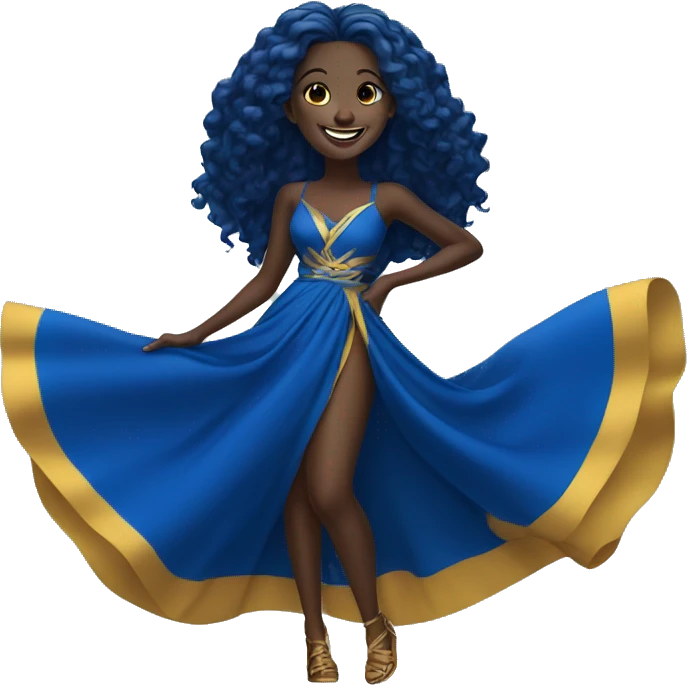 1 laughing Black Girl with long straight royal  blue hair with yellow gold and royal blue dress emoji