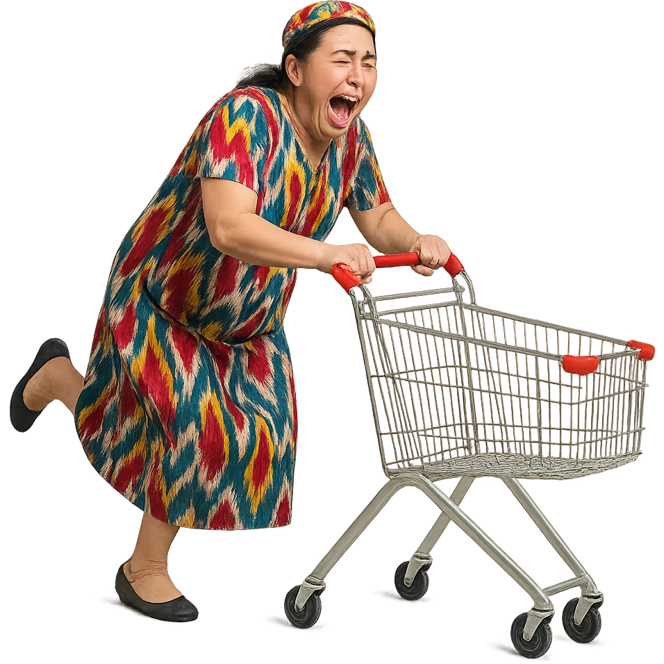 hysterical Uzbek woman with a shopping cart emoji