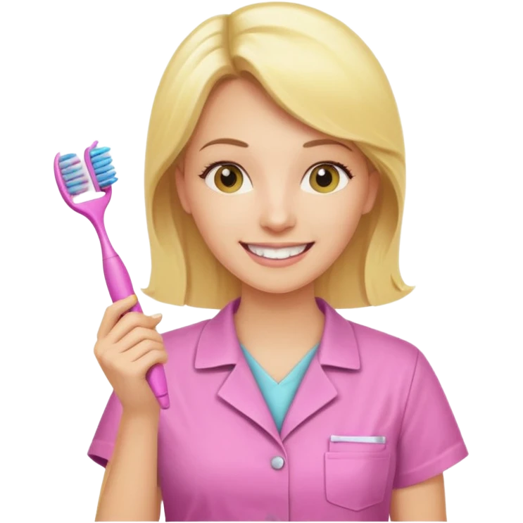 dentista mulher, loira, pele branca, camisa rosa, segurando uma escova de dentes amarela e sorrindo transmitindo verdade e confiança emoji