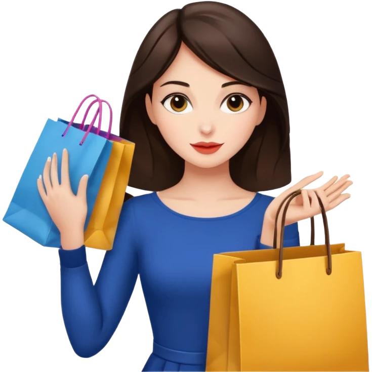 Glam brunette girl calmly choosing one premium shopping bag, giving a small approving nod — quality over quantity emoji