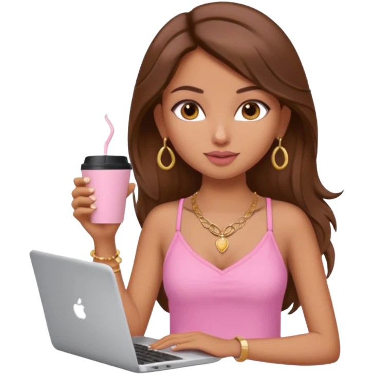 a pretty fair indian bratz girl with brown hair. with a pink cami top, drinking takeaway brown coffee, golden dainty necklace and carrying a white laptop emoji