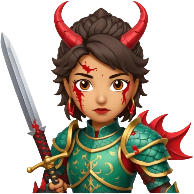 Fierce Latina in armor with a sword after a battle cutting off the head of a dragon emoji