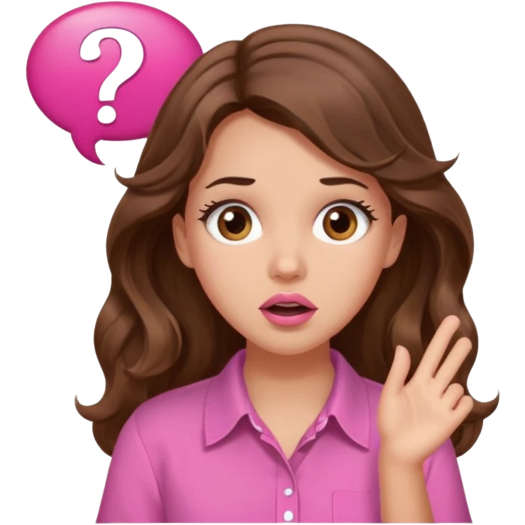 girl with long wavy brown hair, brown eyes, light to medium complexion, in a pink shirt, pink lips, long lashes, surprised, question mark speech bubble emoji