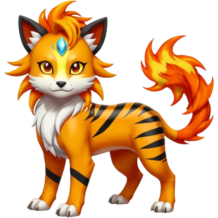 Shiny Glowing Cute Smol Legendary Epic Solgaleo-Pyroar-Torracat-Luxray-Tigress-Houndoom-Liger-Hybrid-Fakemon-hybrid-Creature (full body) emoji