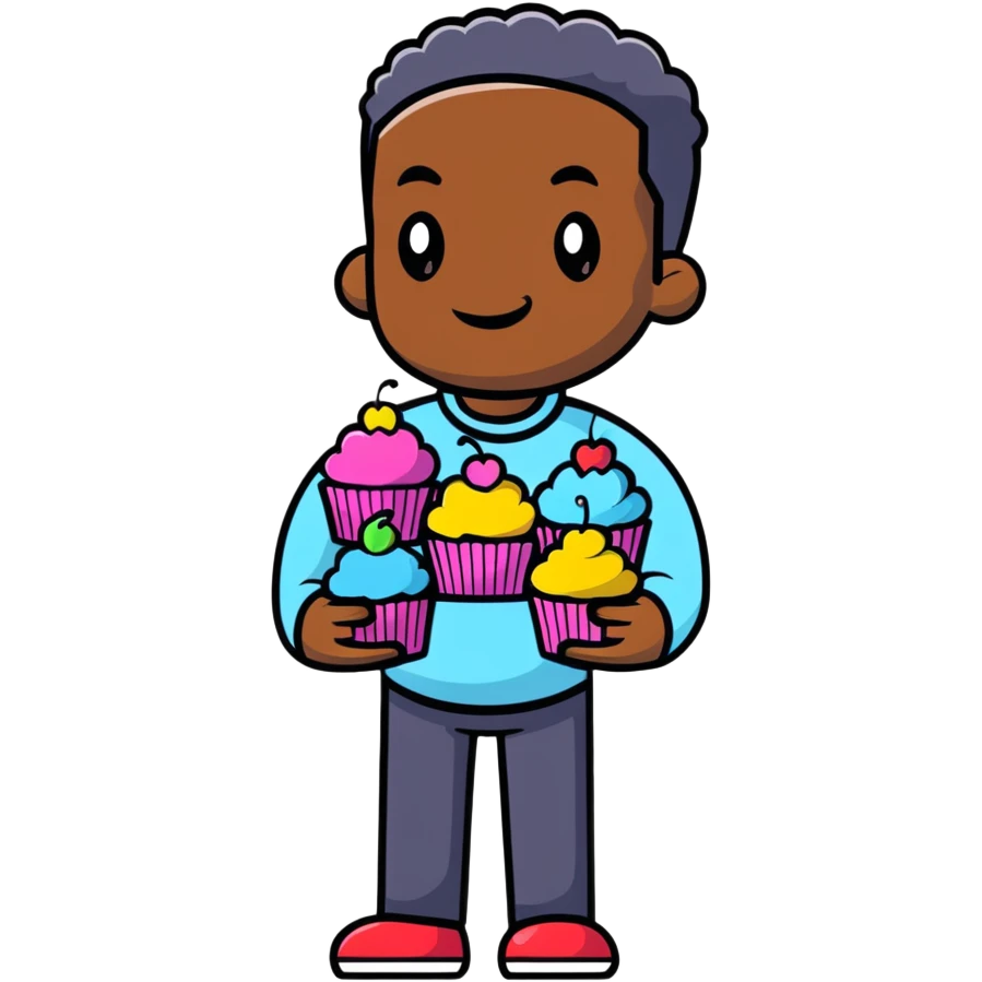 Cheerful large African American man holding colorful cupcakes emoji