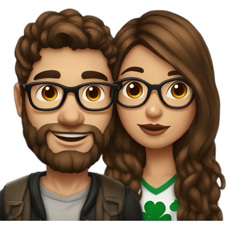 Brazilian long brown hair girl wearing glasses, kissing Irish dark shaved hair guy who has many tattoos emoji